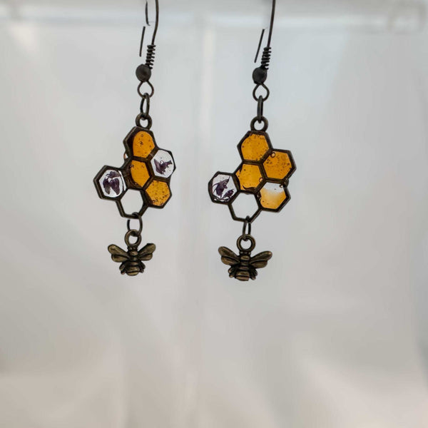 Honey Bee Charm Earrings - Handmade Resin Honeycomb & Flower Earrings