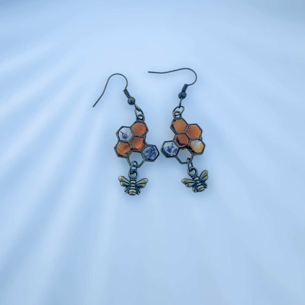 Honey Bee Charm Earrings - Handmade Resin Honeycomb & Flower Earrings