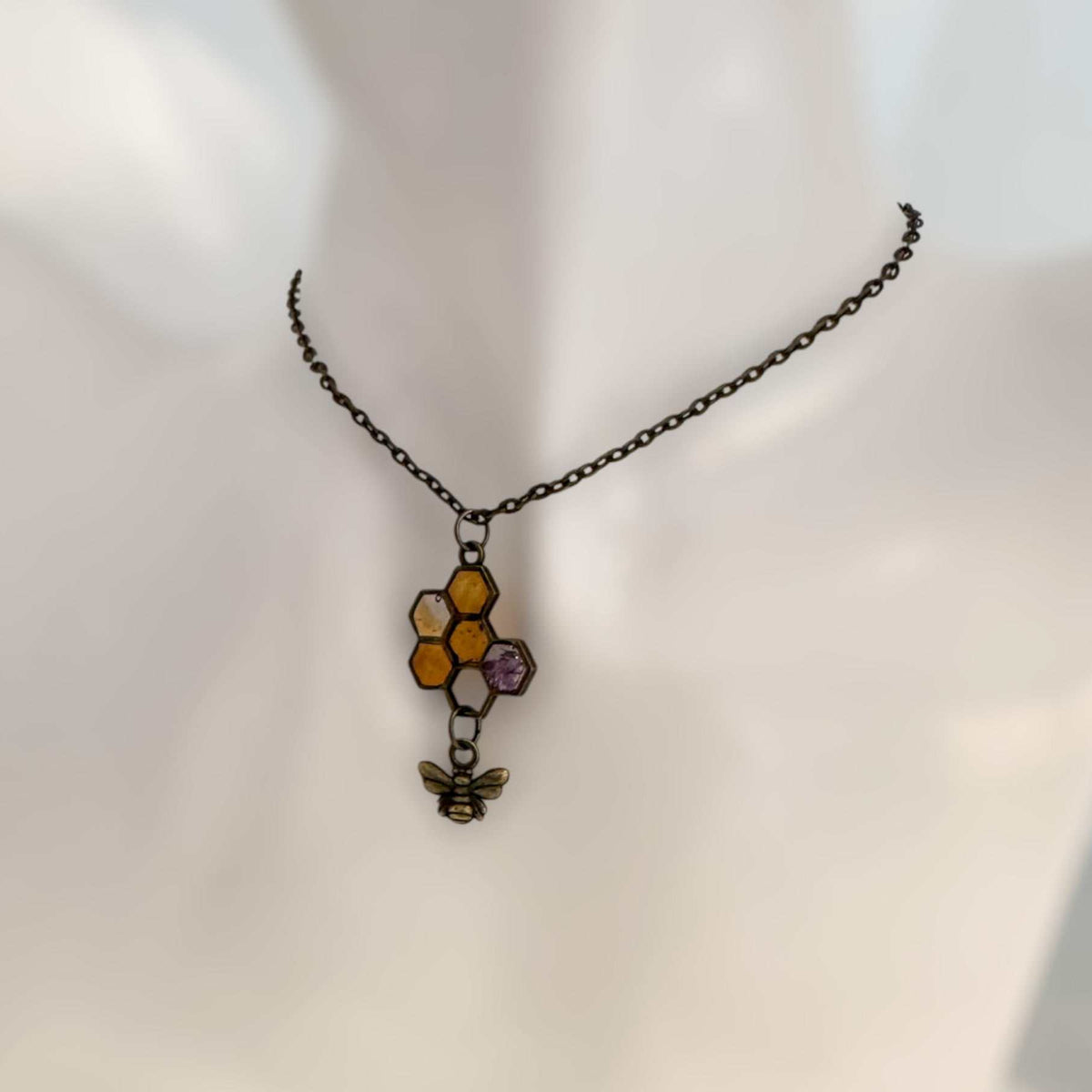 Honey Bee Necklace - Handmade Honeycomb Resin Pendant with Flowers