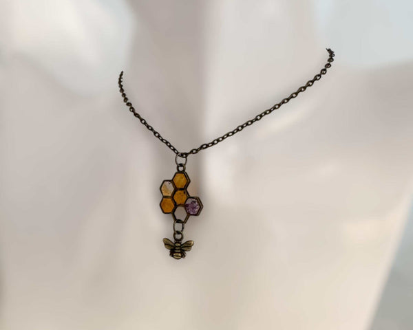 Honey Bee Necklace - Handmade Honeycomb Resin Pendant with Flowers