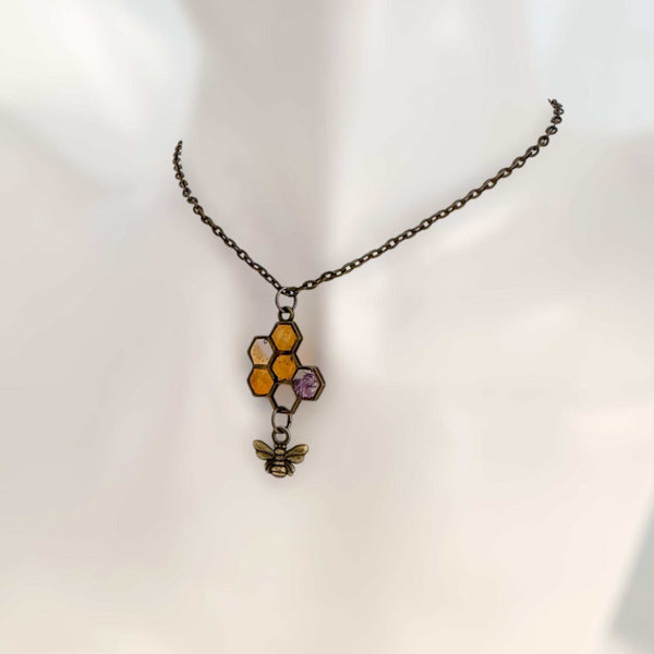 Honey Bee Necklace - Handmade Honeycomb Resin Pendant with Flowers