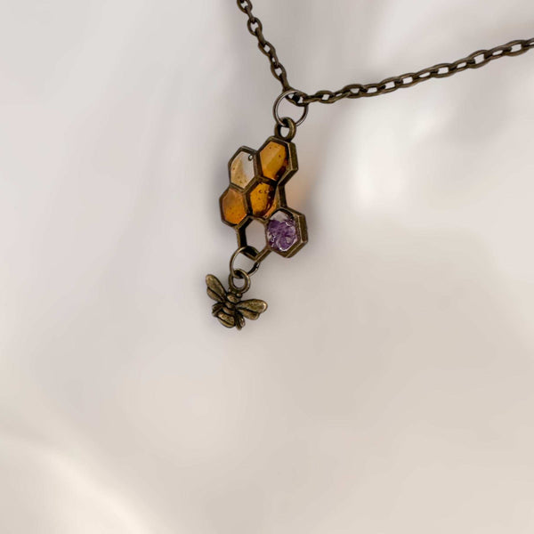 Honey Bee Necklace - Handmade Honeycomb Resin Pendant with Flowers