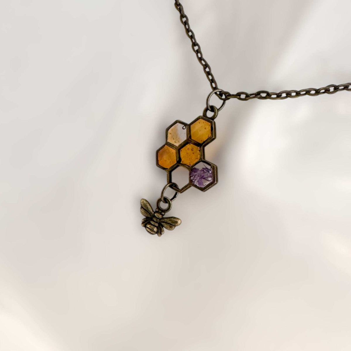 Honey Bee Necklace - Handmade Honeycomb Resin Pendant with Flowers