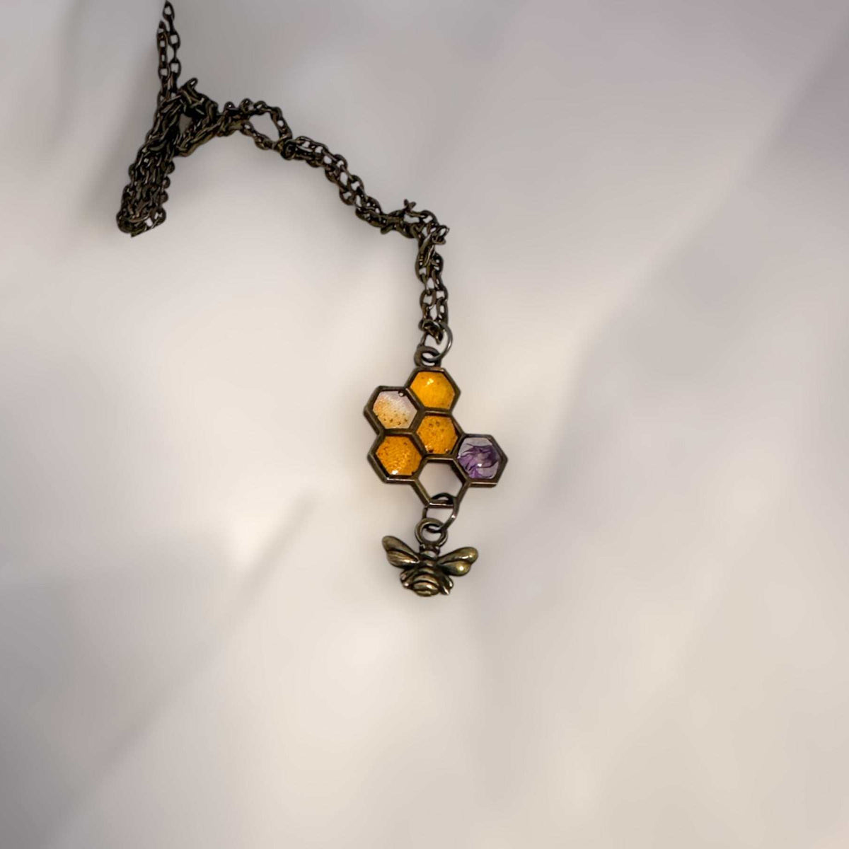 Honey Bee Necklace - Handmade Honeycomb Resin Pendant with Flowers