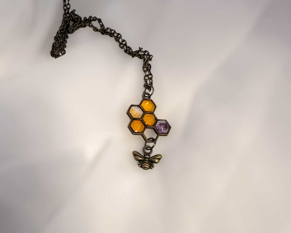 Honey Bee Necklace - Handmade Honeycomb Resin Pendant with Flowers
