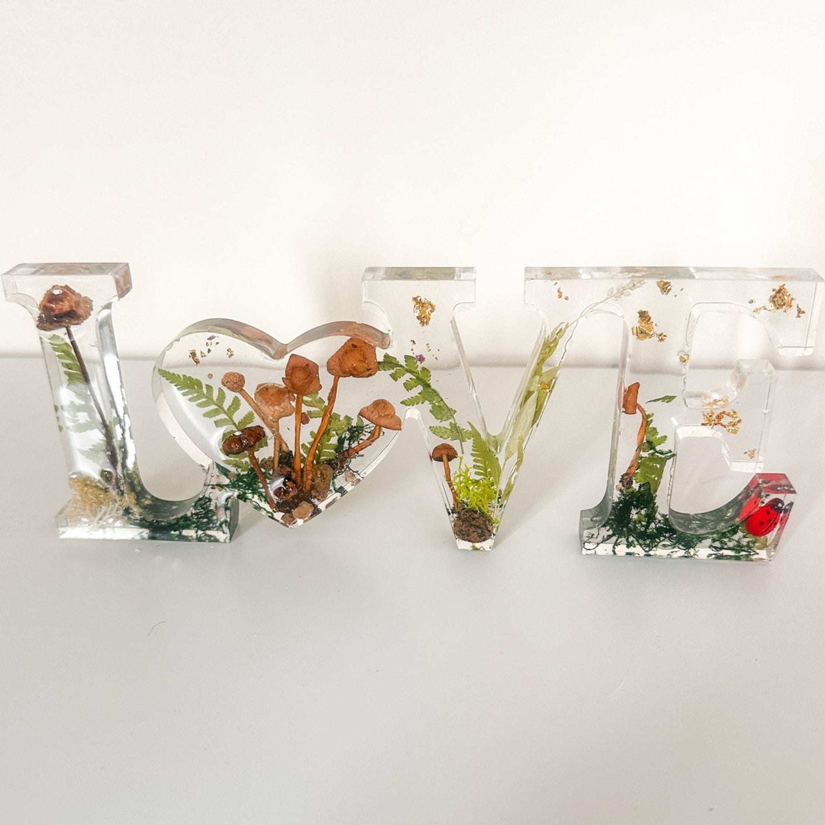 Wildwood Love Handmade Word Decor with real Forest Mushrooms and Ferns