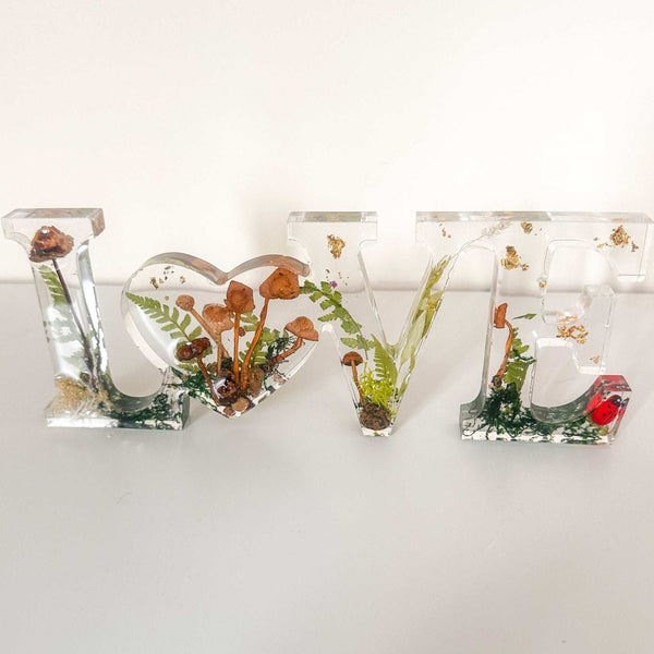 Wildwood Love Handmade Word Decor with real Forest Mushrooms and Ferns