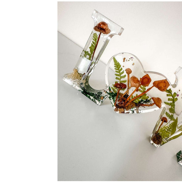 Wildwood Love Handmade Word Decor with real Forest Mushrooms and Ferns