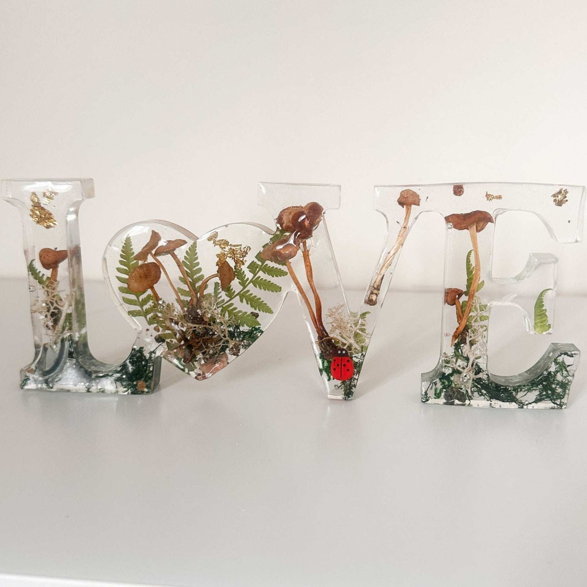 Wildwood Love Handmade Word Decor with real Forest Mushrooms and Ferns
