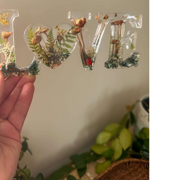 Wildwood Love Handmade Word Decor with real Forest Mushrooms and Ferns