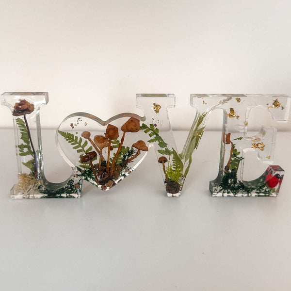 Wildwood Love Handmade Word Decor with real Forest Mushrooms and Ferns