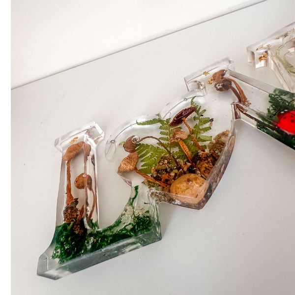 Wildwood Love Handmade Word Decor with real Forest Mushrooms and Ferns