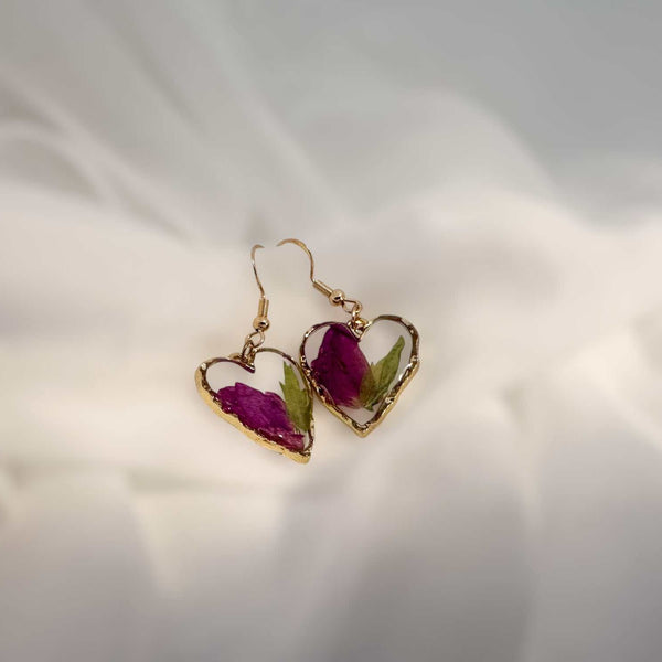 Rose Garden Hearts – Handmade Real Rose Petal & Botanical Earrings