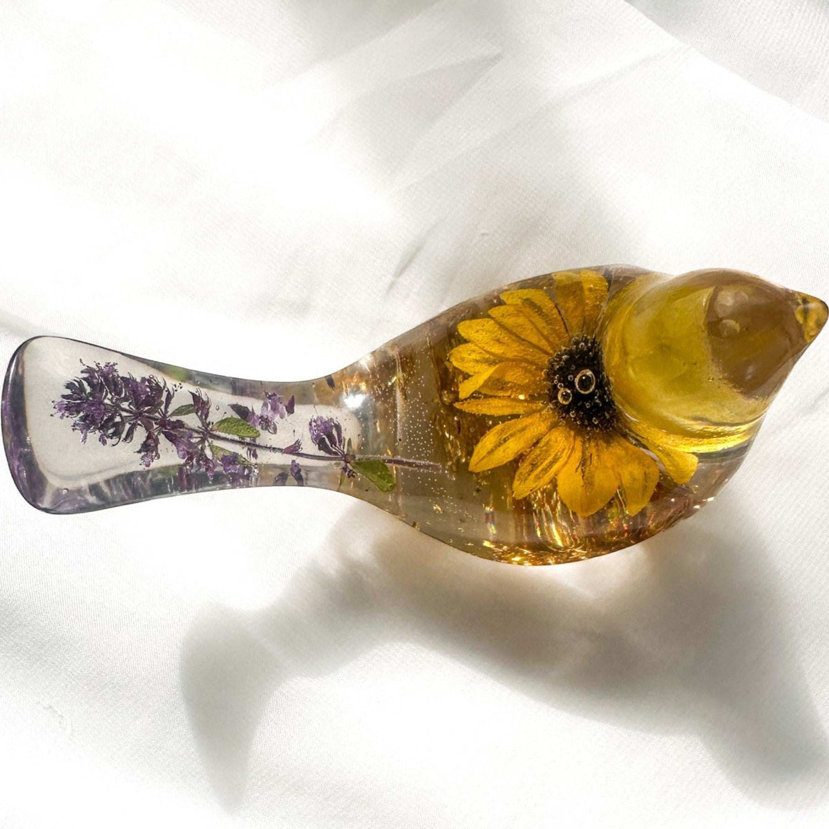 Sun-Kissed Songbird sunflower resin bird decor with real dried sunflower and gold leaf base