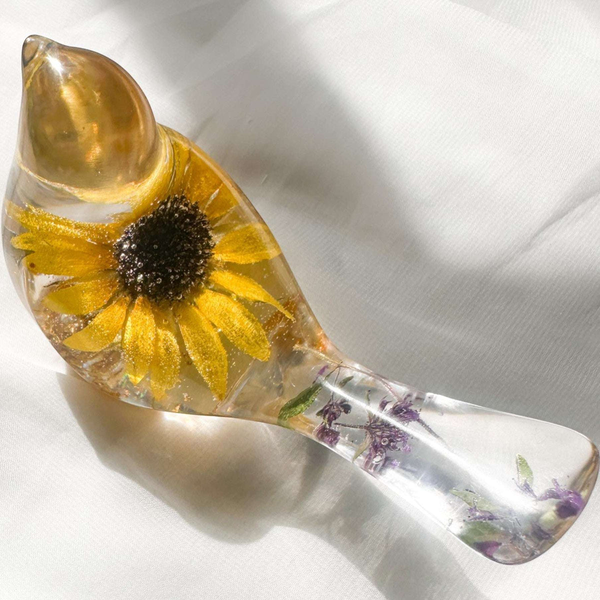 Sun-Kissed Songbird sunflower resin bird decor with real dried sunflower and gold leaf base