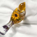 Sun-Kissed Songbird sunflower resin bird decor with real dried sunflower and gold leaf base