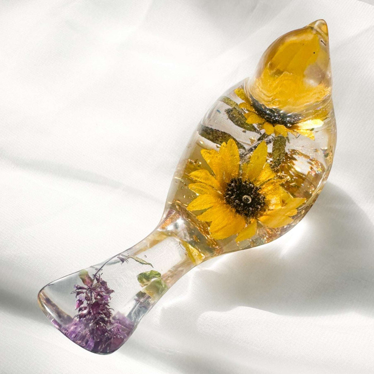 Sun-Kissed Songbird sunflower resin bird decor with real dried sunflower and gold leaf base