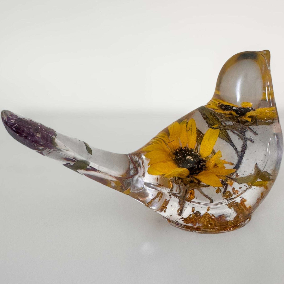 Sun-Kissed Songbird sunflower resin bird decor with real dried sunflower and gold leaf base