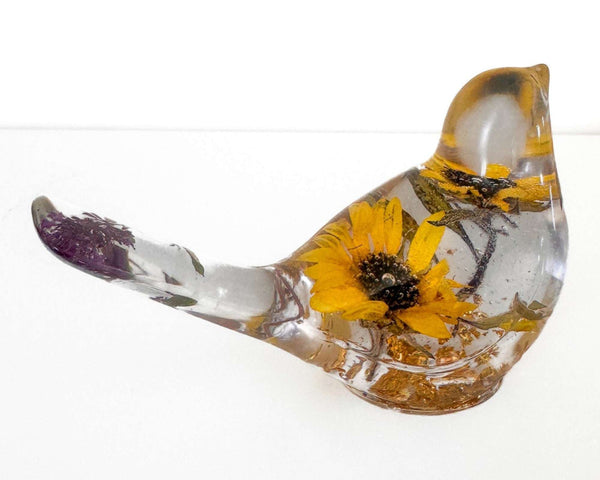 Sun-Kissed Songbird sunflower resin bird decor with real dried sunflower and gold leaf base