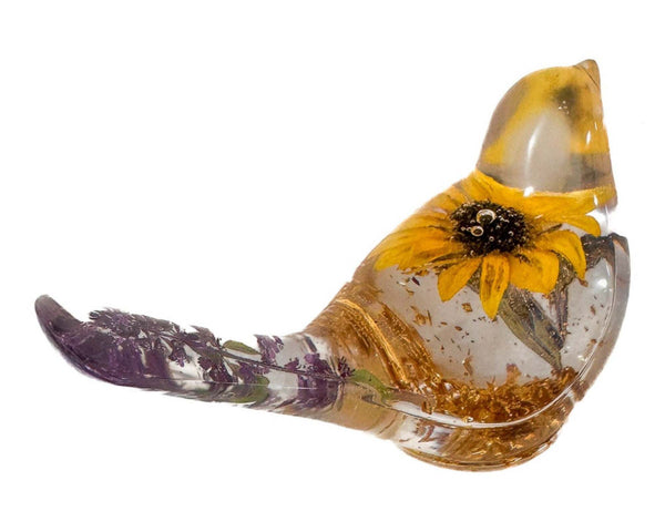 Sun-Kissed Songbird sunflower resin bird decor with real dried sunflower and gold leaf base