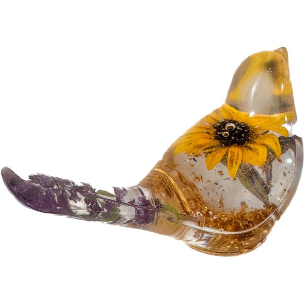 Sun-Kissed Songbird sunflower resin bird decor with real dried sunflower and gold leaf base