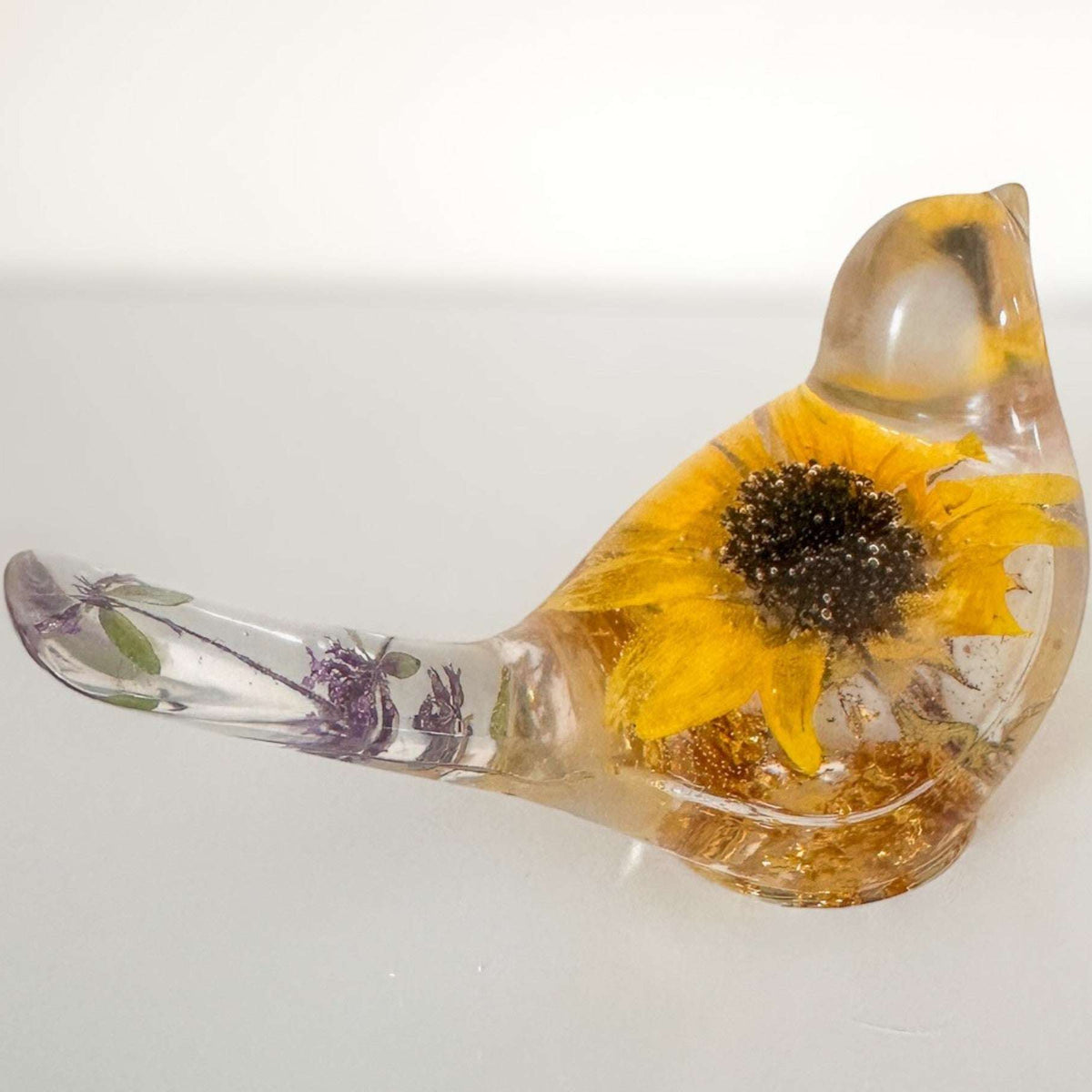 Sun-Kissed Songbird sunflower resin bird decor with real dried sunflower and gold leaf base
