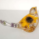 Sun-Kissed Songbird sunflower resin bird decor with real dried sunflower and gold leaf base