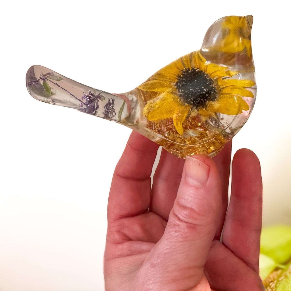 Sun-Kissed Songbird sunflower resin bird decor with real dried sunflower and gold leaf base