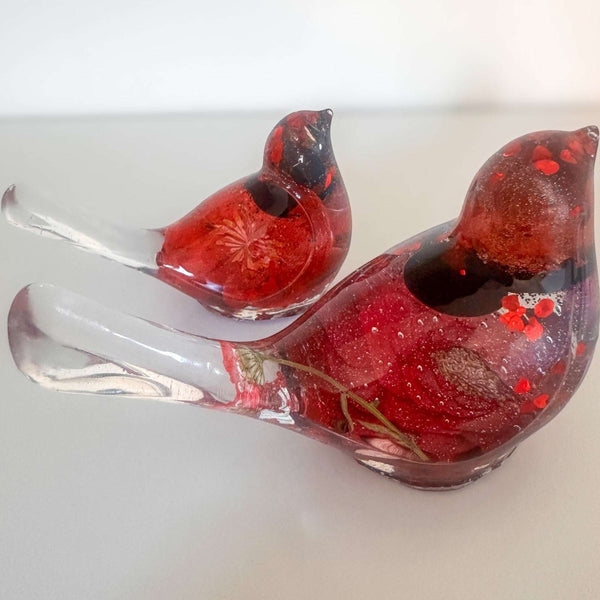 Scarlet Hearts resin bird pair with real roses and red heart glitter, handmade in Canada