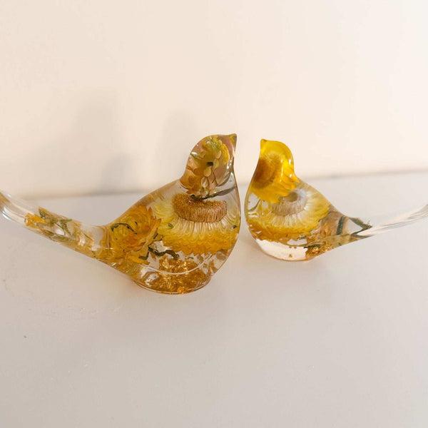Golden Straw Duo strawflower resin bird pair with real preserved yellow strawflowers, handmade Canada