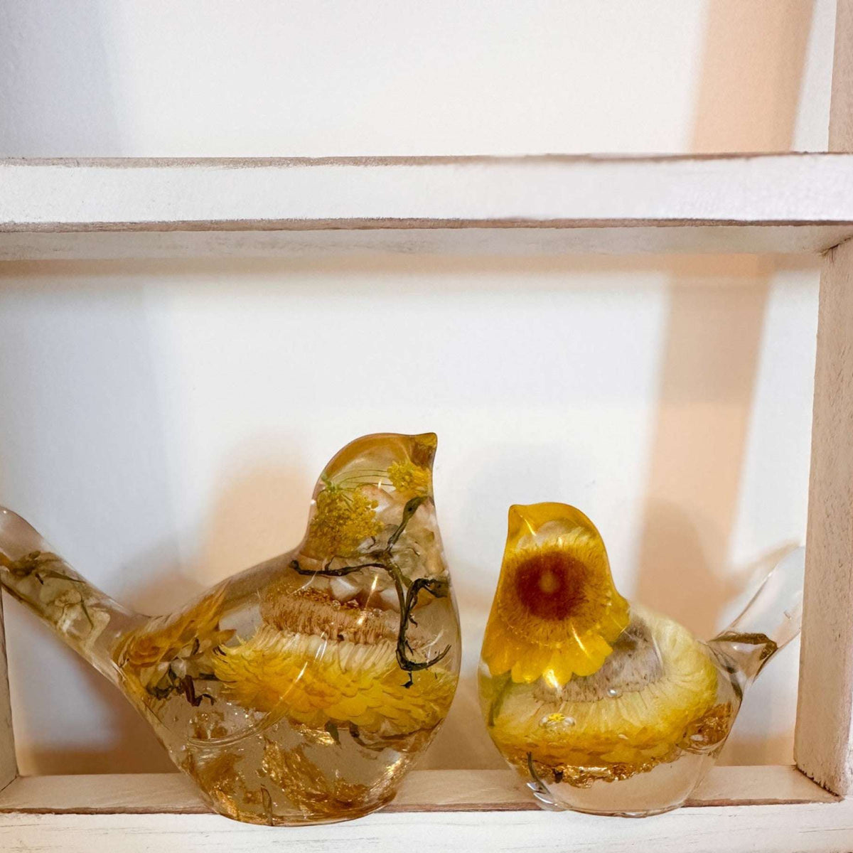 Golden Straw Duo strawflower resin bird pair with real preserved yellow strawflowers, handmade Canada
