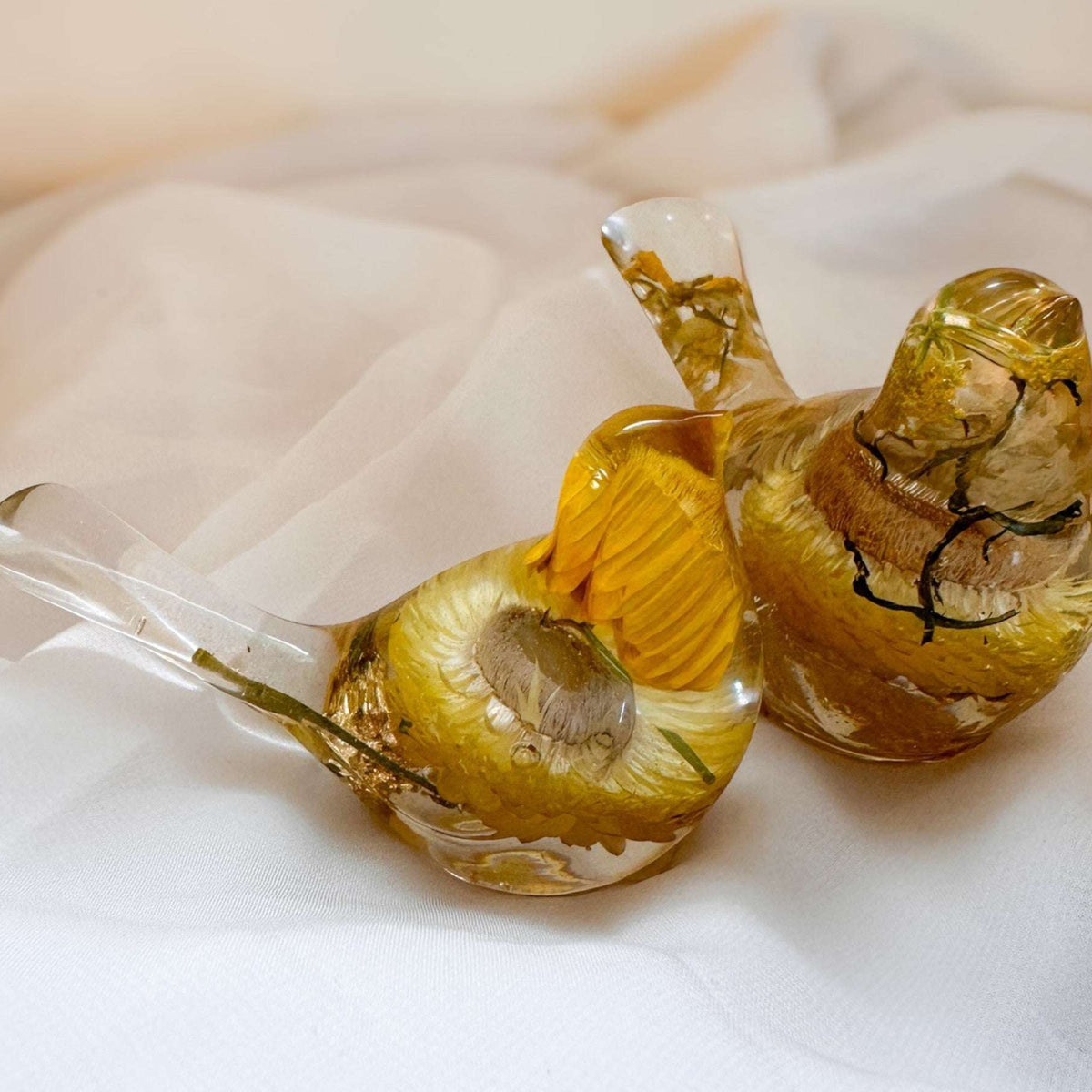 Golden Straw Duo strawflower resin bird pair with real preserved yellow strawflowers, handmade Canada