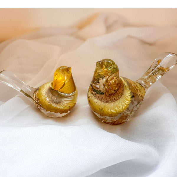 Golden Straw Duo strawflower resin bird pair with real preserved yellow strawflowers, handmade Canada