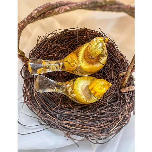 Golden Straw Duo strawflower resin bird pair nestled together in a natural twig nest