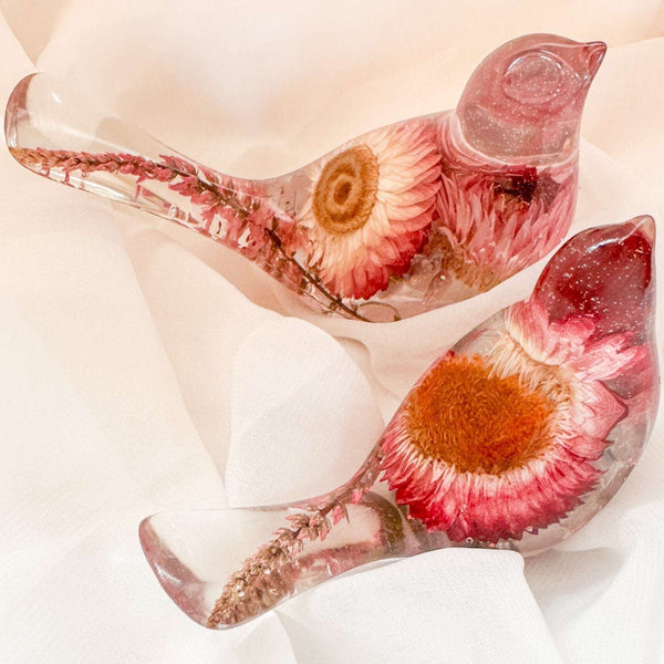 Rosy Nest Duo pink strawflower resin bird pair with real fluorite gemstones and gold leaf, handmade Canada