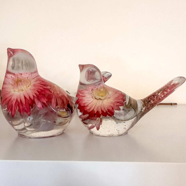 Rosy Nest Duo pink strawflower resin bird pair with real fluorite gemstones and gold leaf, handmade Canada