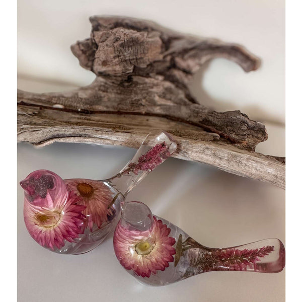 Rosy Nest Duo pink strawflower resin bird pair with real fluorite gemstones and gold leaf, handmade Canada