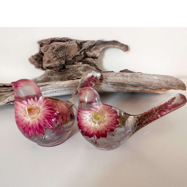 Rosy Nest Duo pink strawflower resin bird pair with real fluorite gemstones and gold leaf, handmade Canada