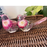 Rosy Nest Duo pink strawflower resin bird pair with real fluorite gemstones and gold leaf, handmade Canada