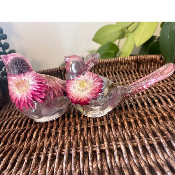 Rosy Nest Duo pink strawflower resin bird pair with real fluorite gemstones and gold leaf, handmade Canada