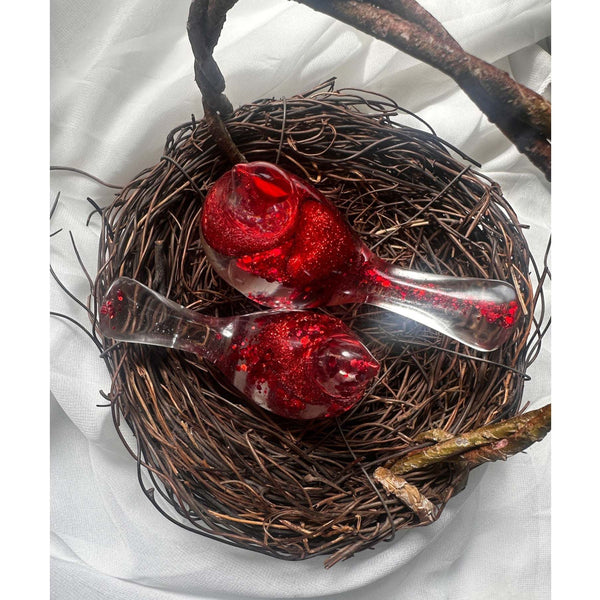 Lovebirds red glitter resin bird pair with chunky red hearts and shimmer, handmade Canada