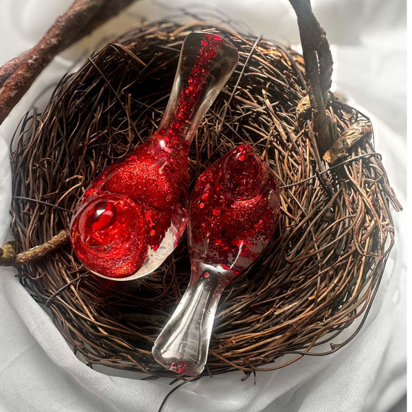 Lovebirds red glitter resin bird pair with chunky red hearts and shimmer, handmade Canada