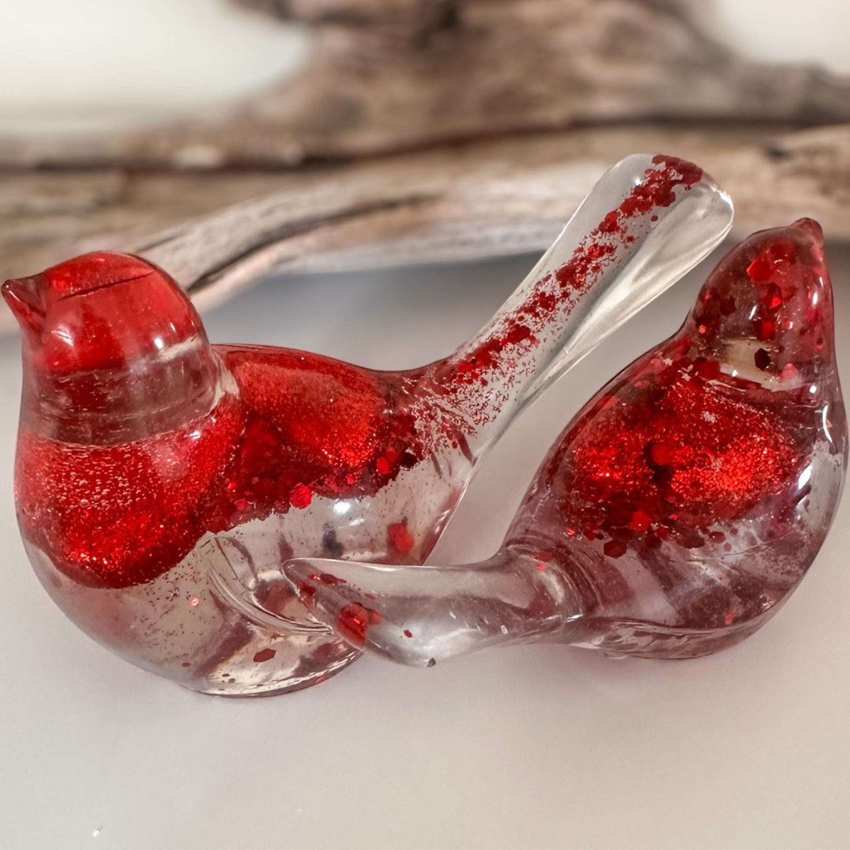 Lovebirds red glitter resin bird pair with chunky red hearts and shimmer, handmade Canada