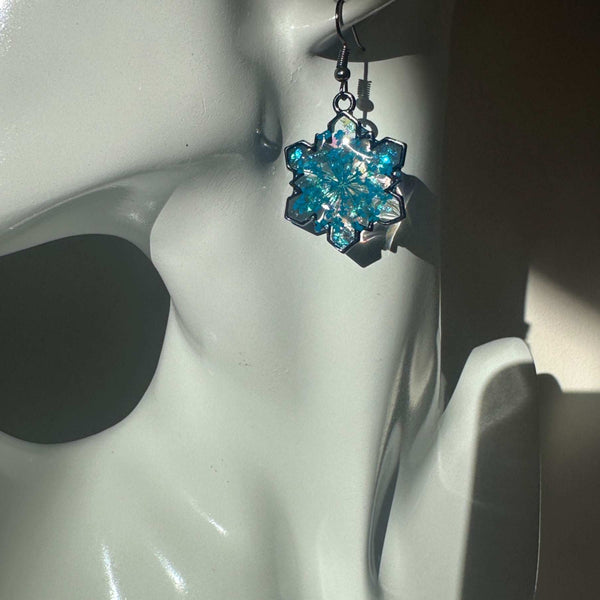 Snowflake Earring with Blue Queen Anne Flower Winter Holiday Jewelry