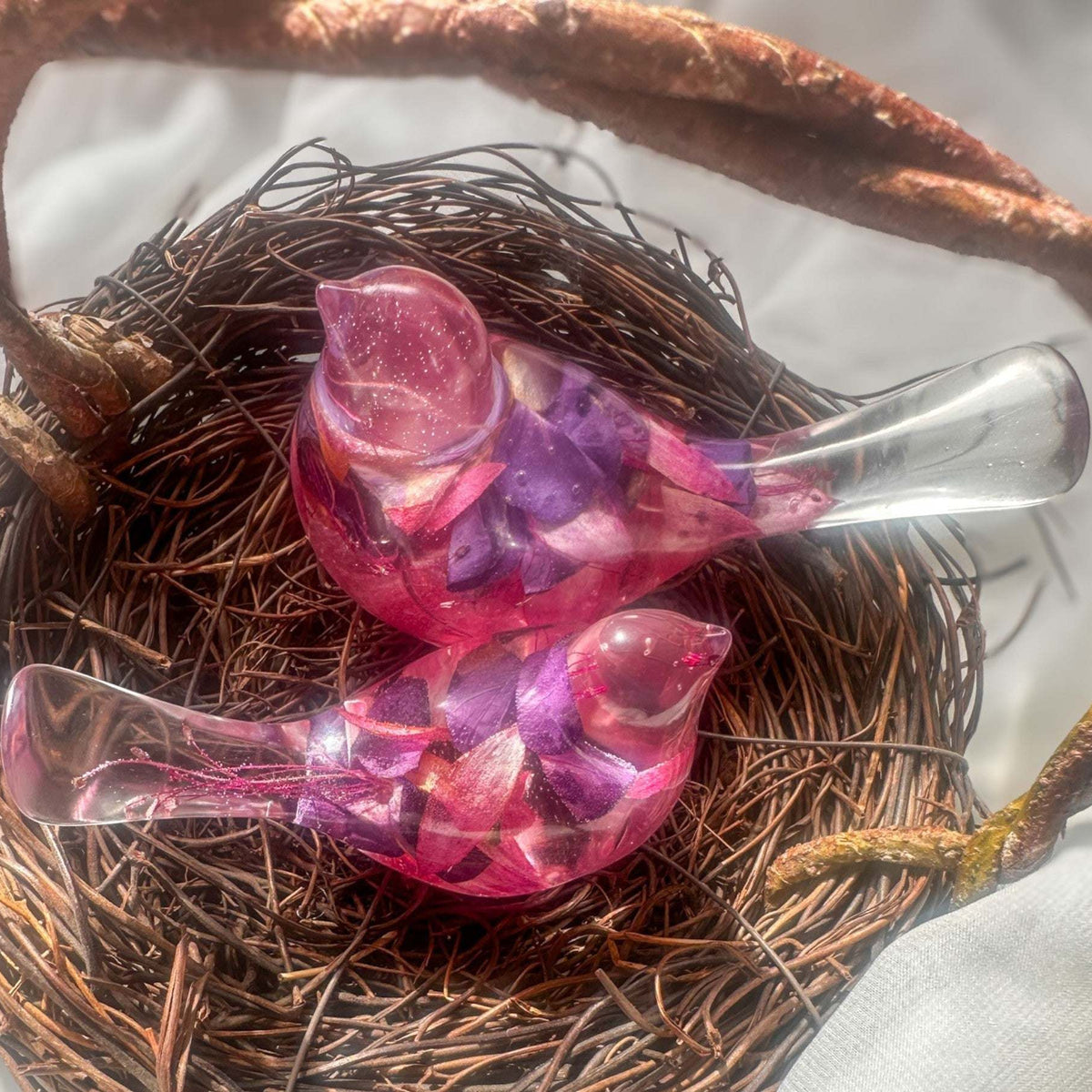 iolet Bloom Duo fuchsia floral resin bird pair with real dried purple and pink flowers, handmade Canada