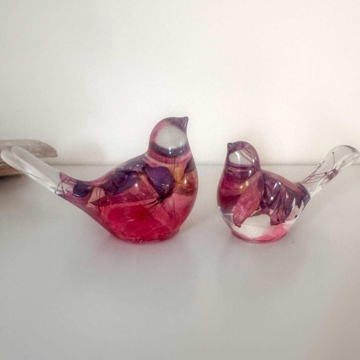 iolet Bloom Duo fuchsia floral resin bird pair with real dried purple and pink flowers, handmade Canada