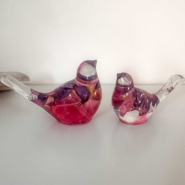 iolet Bloom Duo fuchsia floral resin bird pair with real dried purple and pink flowers, handmade Canada