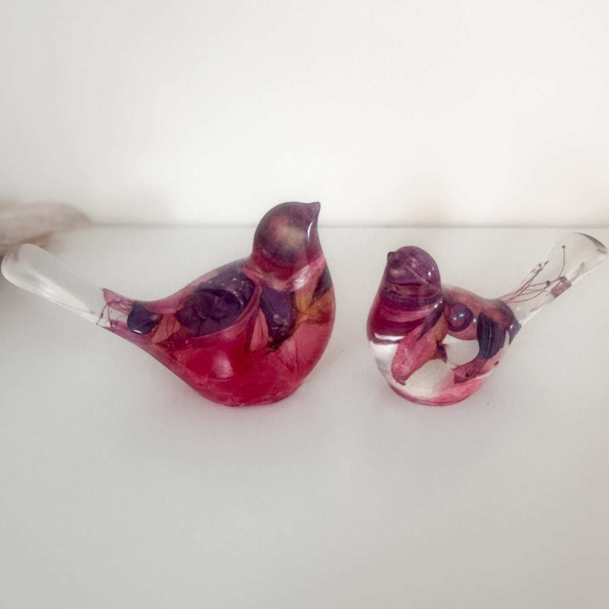 iolet Bloom Duo fuchsia floral resin bird pair with real dried purple and pink flowers, handmade Canada