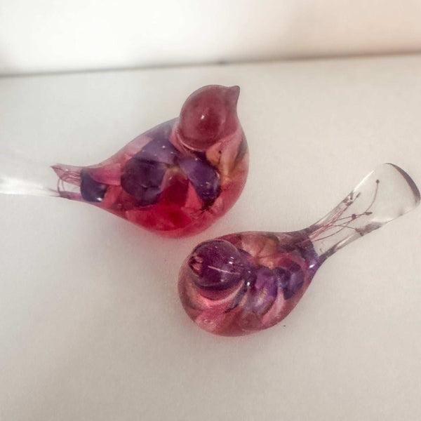 iolet Bloom Duo fuchsia floral resin bird pair with real dried purple and pink flowers, handmade Canada