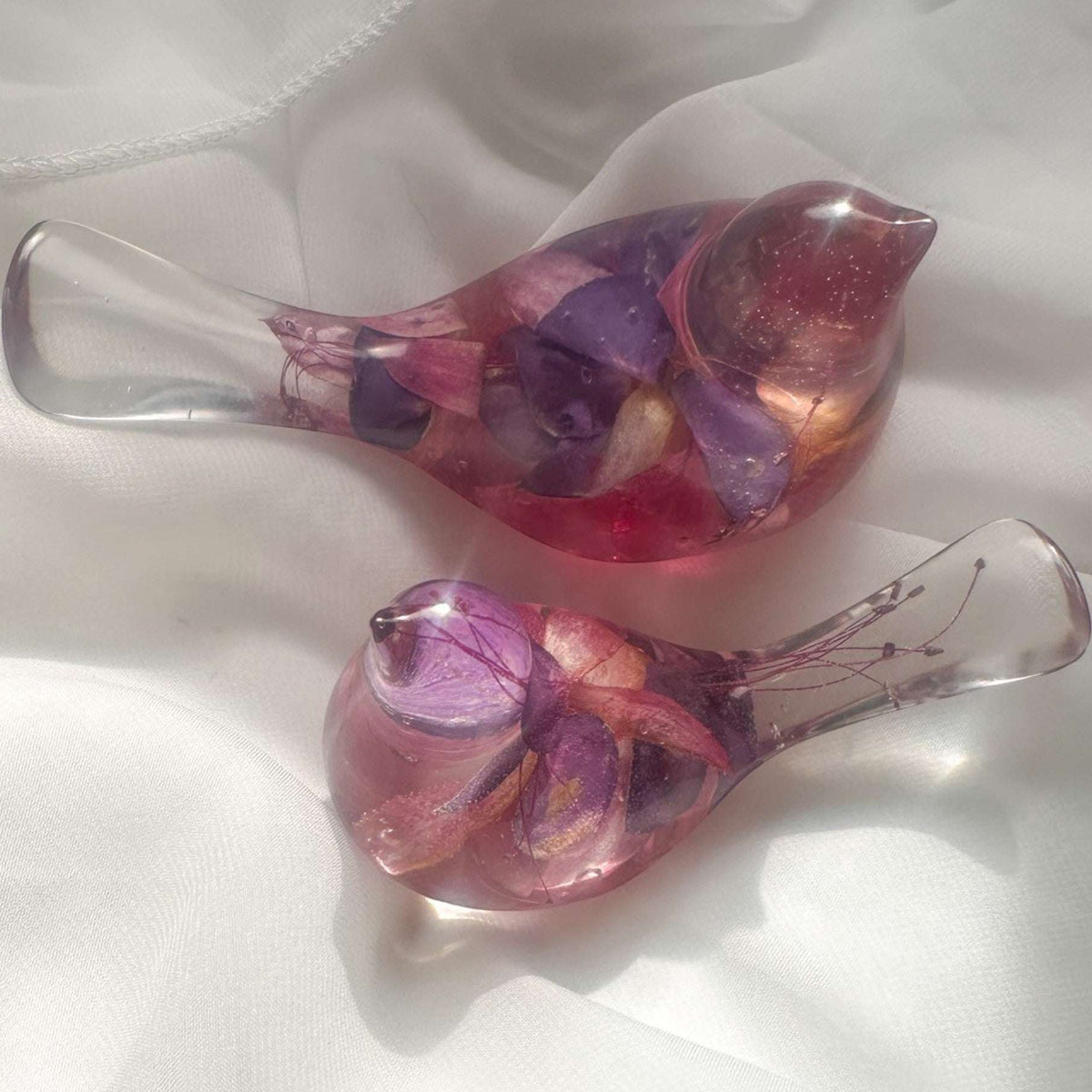 iolet Bloom Duo fuchsia floral resin bird pair with real dried purple and pink flowers, handmade Canada